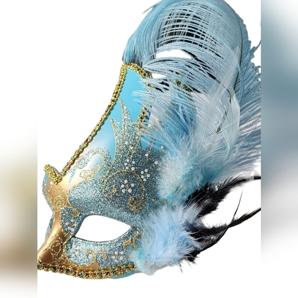 SKY BLUE AND GOLD MASQUERADE MASK W/BLUE AND BLACK FEATHERS - Picture 4 of 4